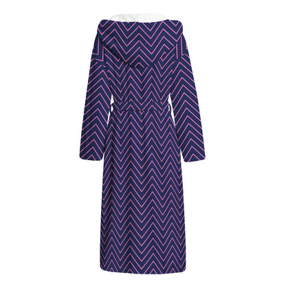 Navy And Pink Zigzag Pattern Print Hooded Bathrobe