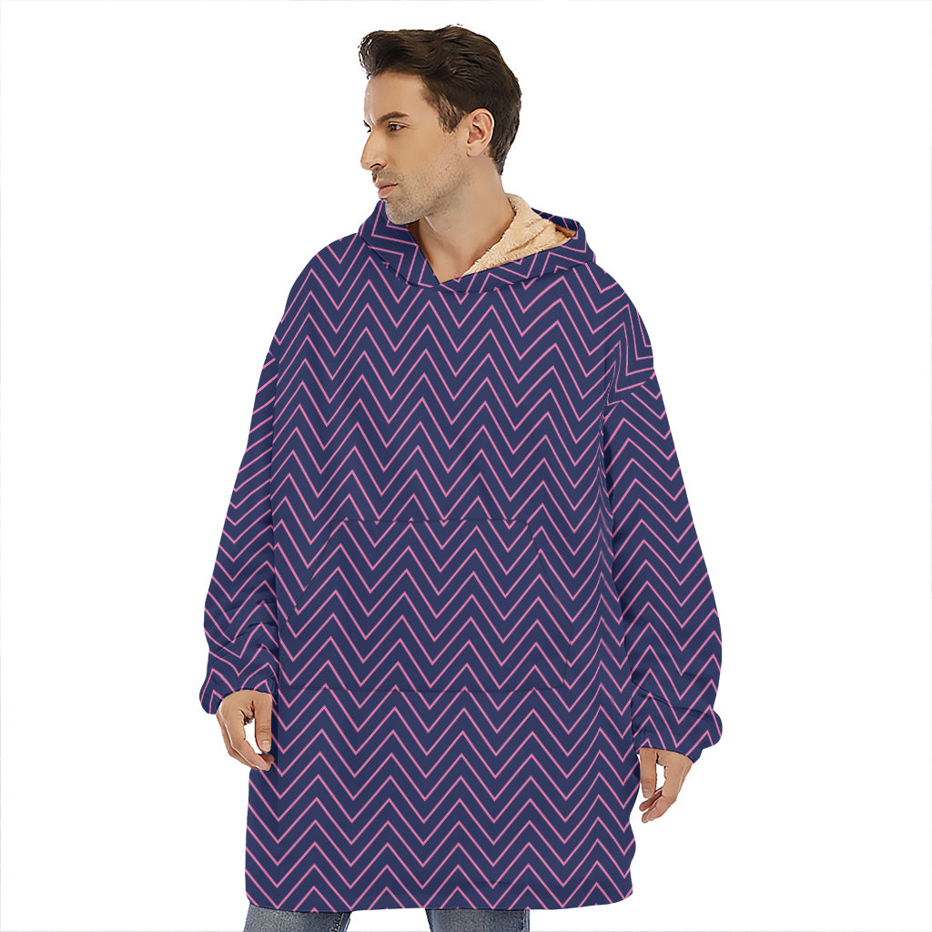 Navy And Pink Zigzag Pattern Print Hoodie Blanket