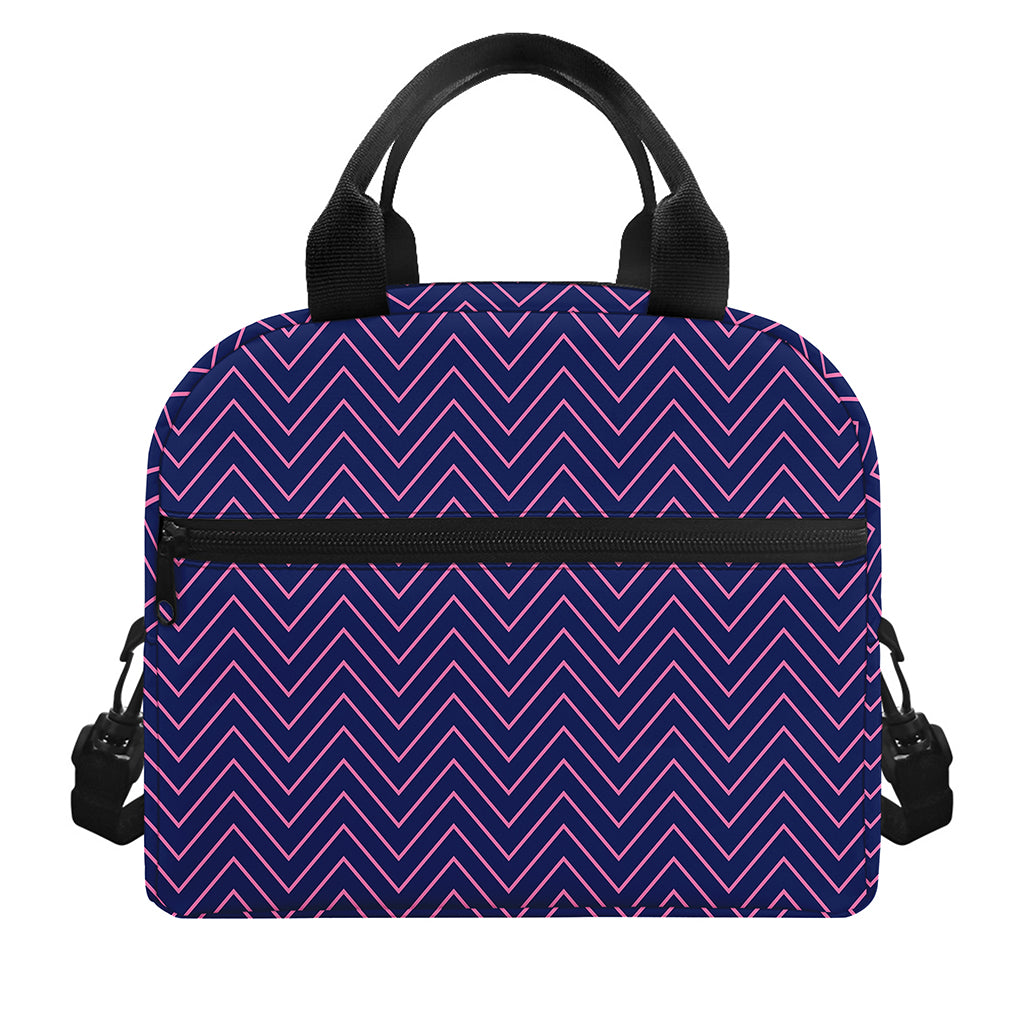 Navy And Pink Zigzag Pattern Print Insulated Lunch Bag