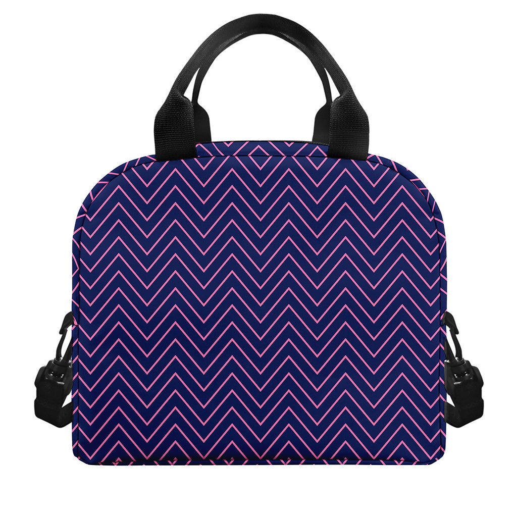 Navy And Pink Zigzag Pattern Print Insulated Lunch Bag