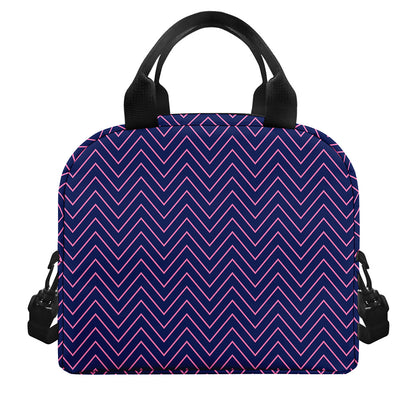 Navy And Pink Zigzag Pattern Print Insulated Lunch Bag