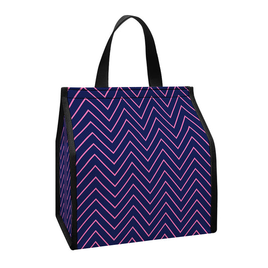 Navy And Pink Zigzag Pattern Print Insulated Lunch Tote