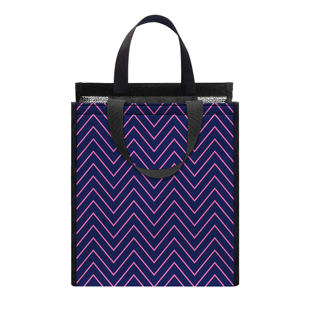 Navy And Pink Zigzag Pattern Print Insulated Lunch Tote