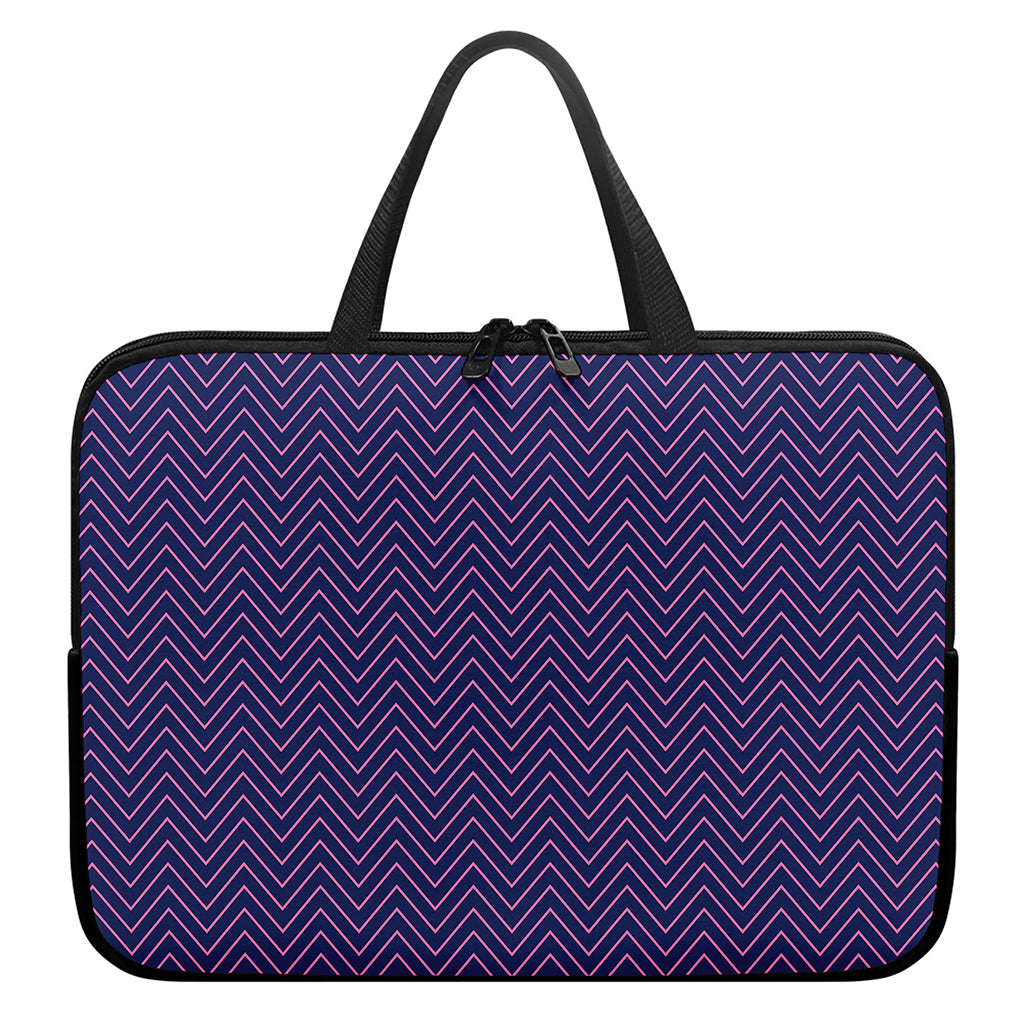 Navy And Pink Zigzag Pattern Print Laptop Sleeve With Handle