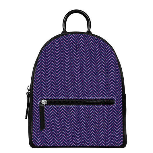 Navy And Pink Zigzag Pattern Print Leather Backpack