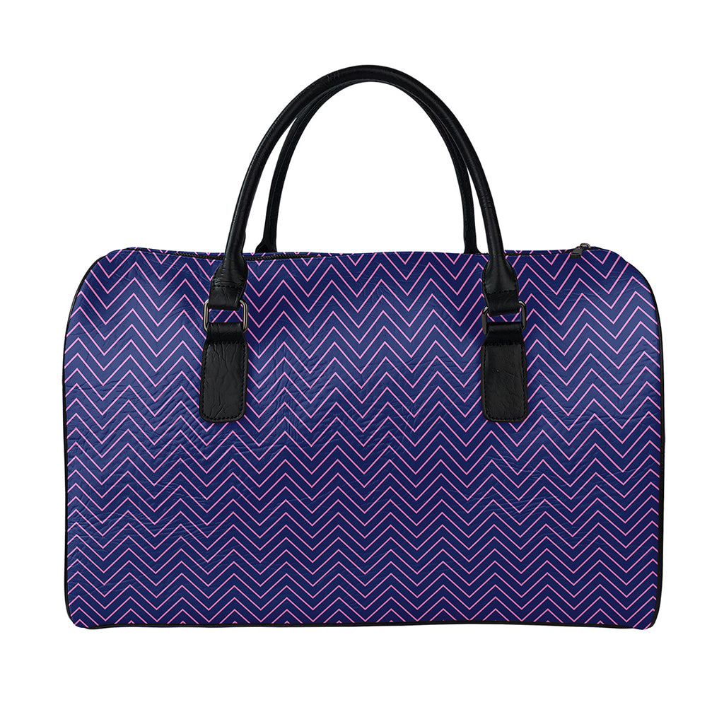 Navy And Pink Zigzag Pattern Print Leather Duffle Bag
