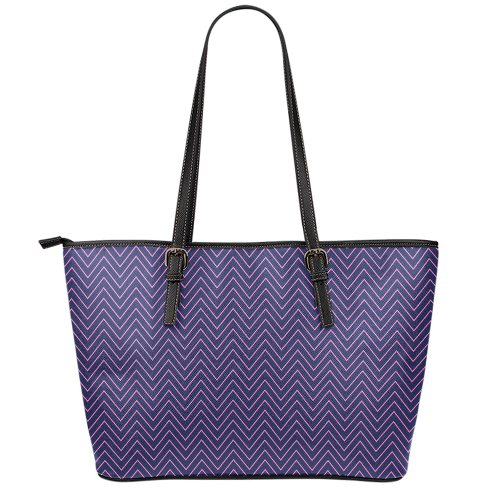 Navy And Pink Zigzag Pattern Print Leather Tote Bag