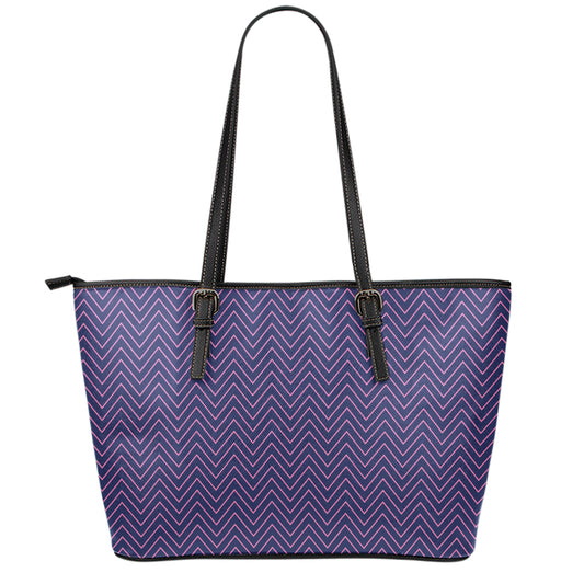 Navy And Pink Zigzag Pattern Print Leather Tote Bag
