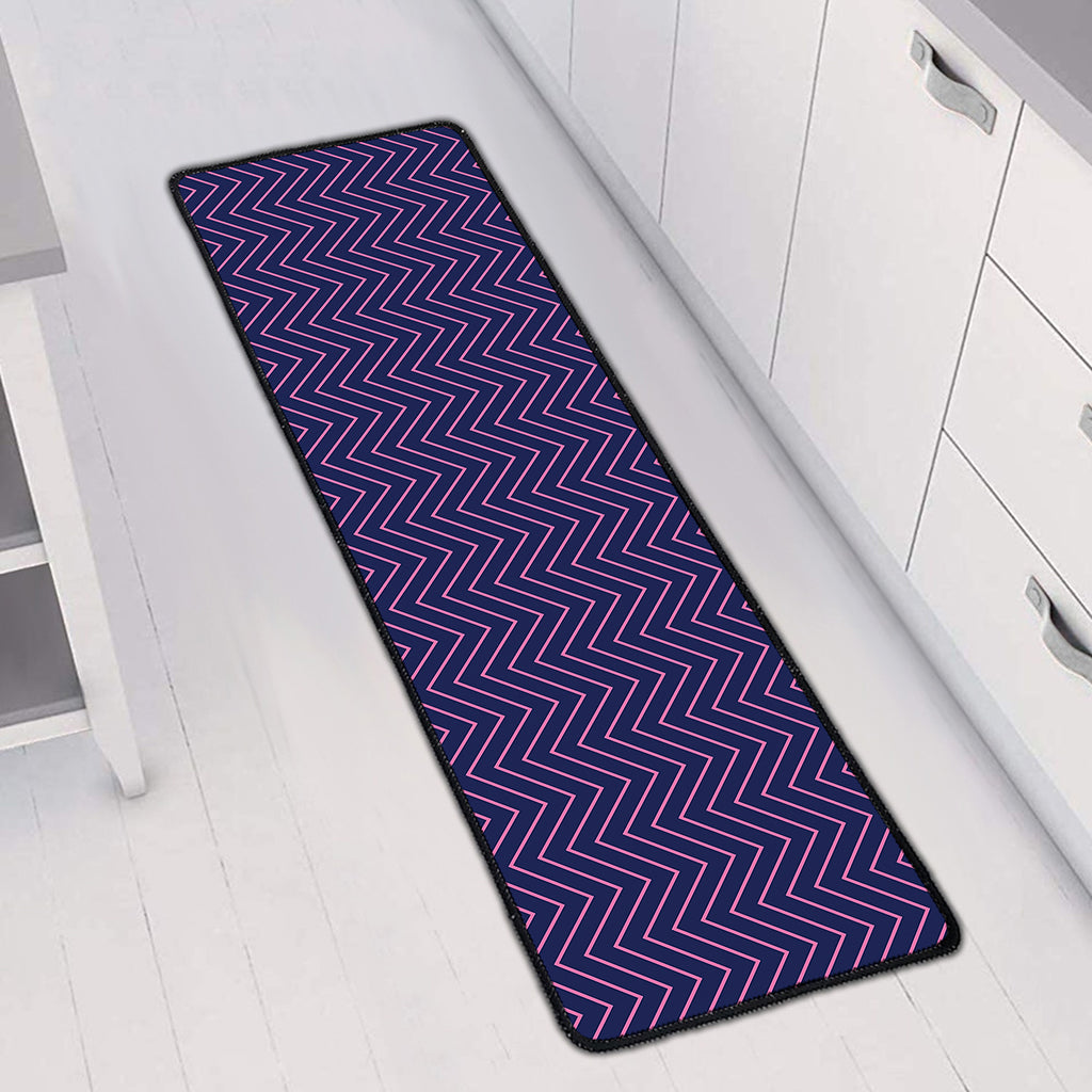 Navy And Pink Zigzag Pattern Print Long Kitchen Mat