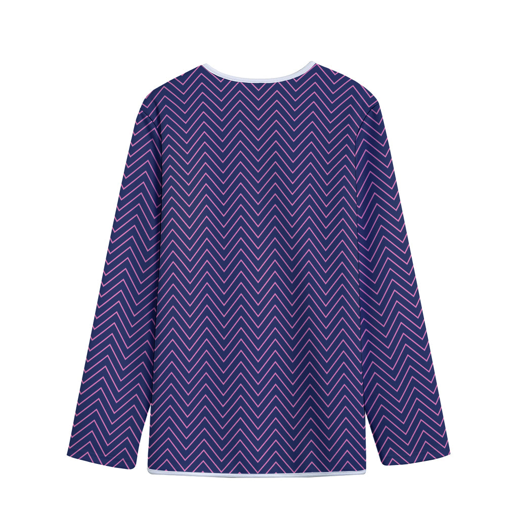 Navy And Pink Zigzag Pattern Print Long Sleeve Short Coat
