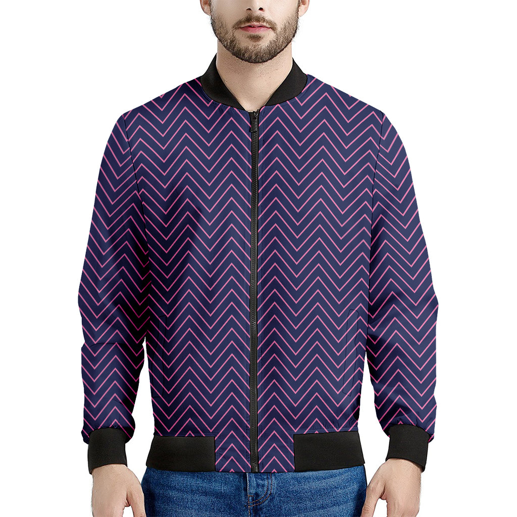 Navy And Pink Zigzag Pattern Print Men's Bomber Jacket
