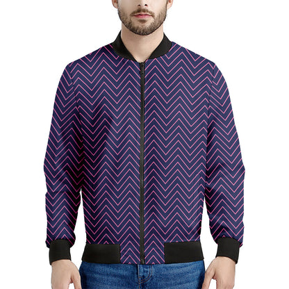 Navy And Pink Zigzag Pattern Print Men's Bomber Jacket