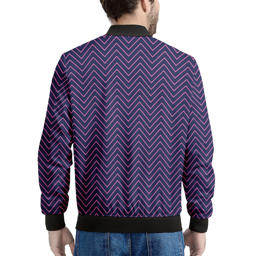 Navy And Pink Zigzag Pattern Print Men's Bomber Jacket