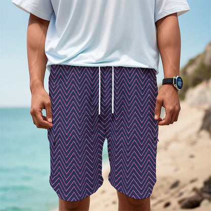 Navy And Pink Zigzag Pattern Print Men's Cargo Shorts