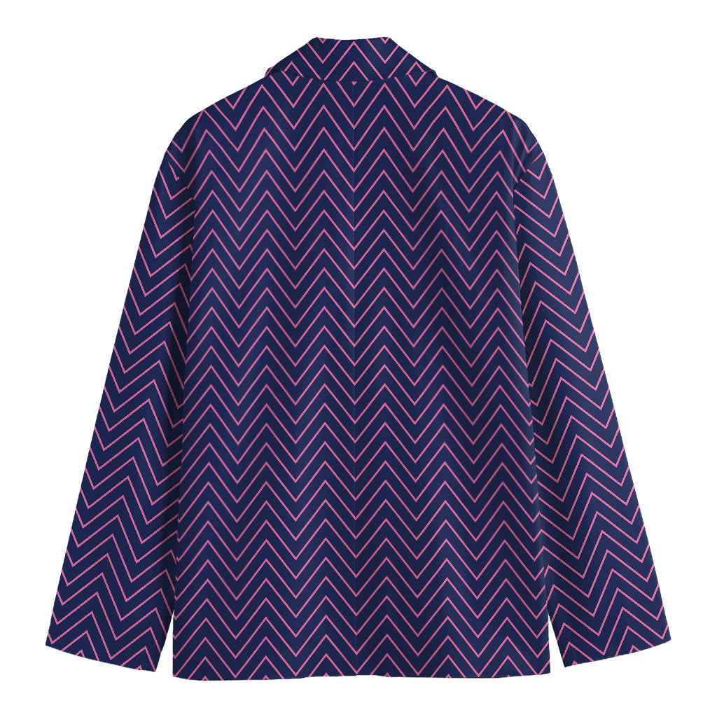 Navy And Pink Zigzag Pattern Print Men's Cotton Blazer