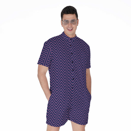 Navy And Pink Zigzag Pattern Print Men's Rompers
