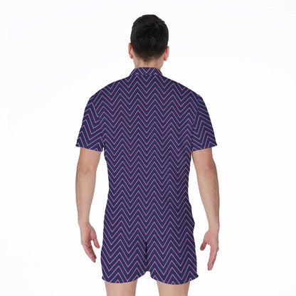 Navy And Pink Zigzag Pattern Print Men's Rompers