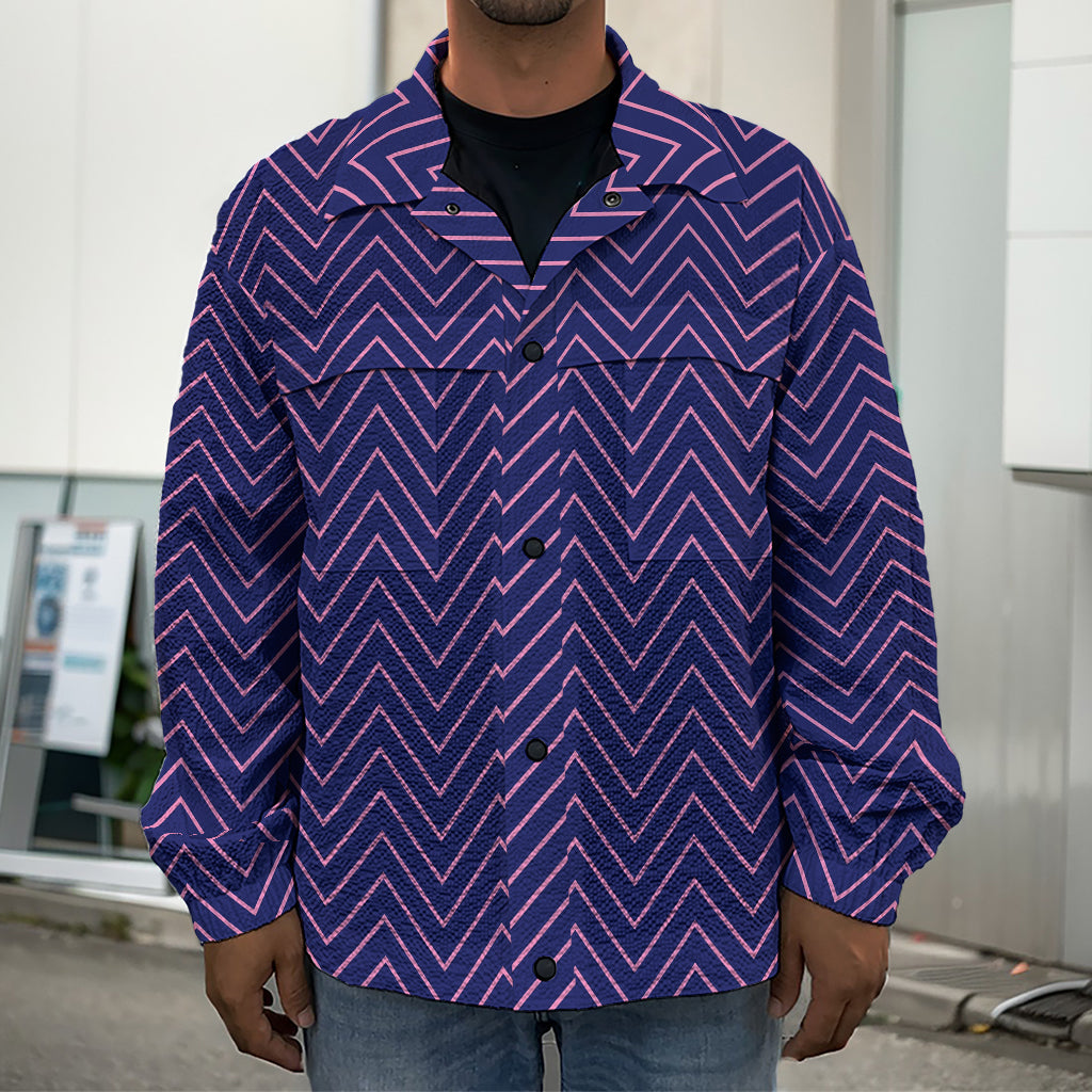 Navy And Pink Zigzag Pattern Print Men's Shirt Jacket