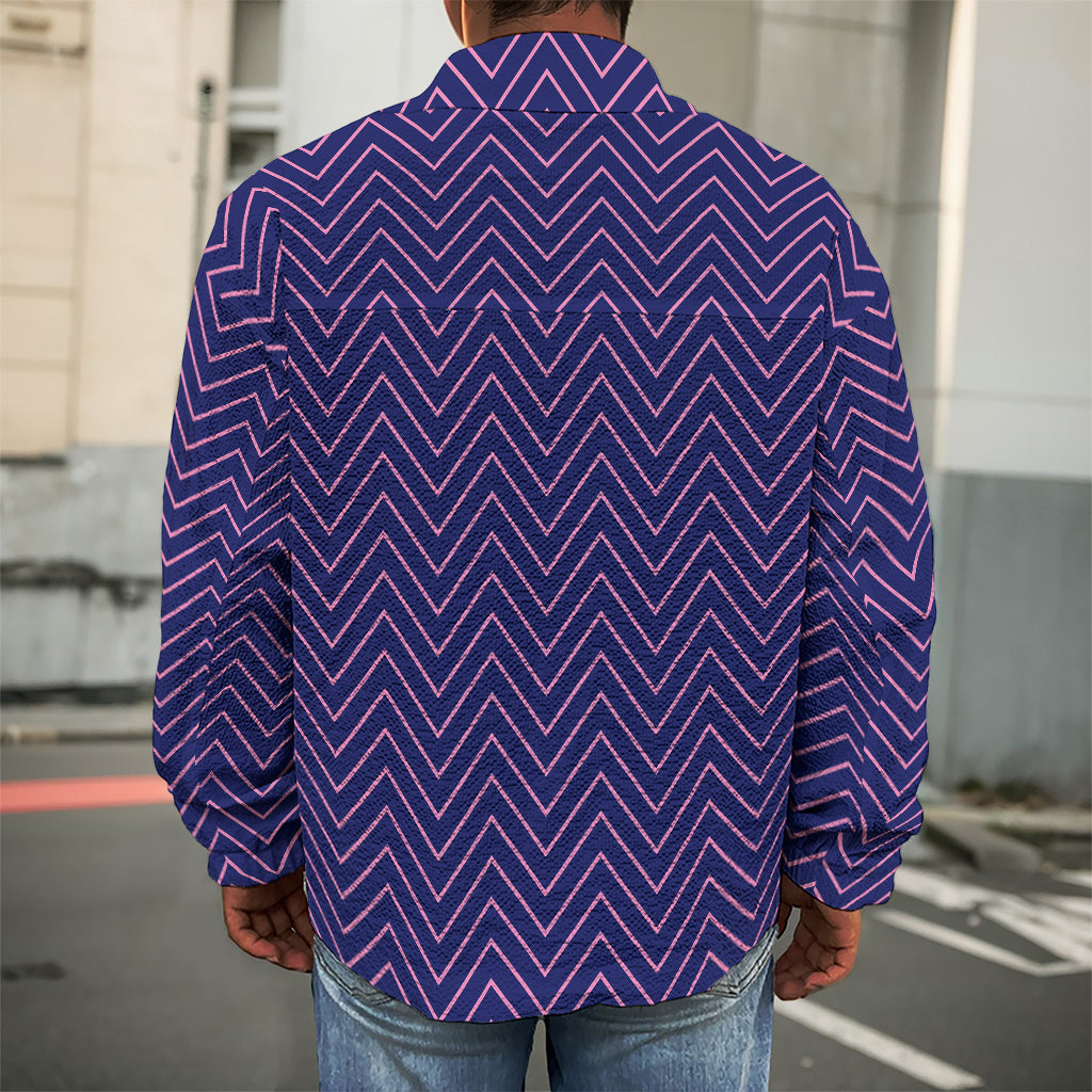 Navy And Pink Zigzag Pattern Print Men's Shirt Jacket