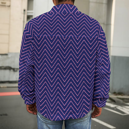 Navy And Pink Zigzag Pattern Print Men's Shirt Jacket