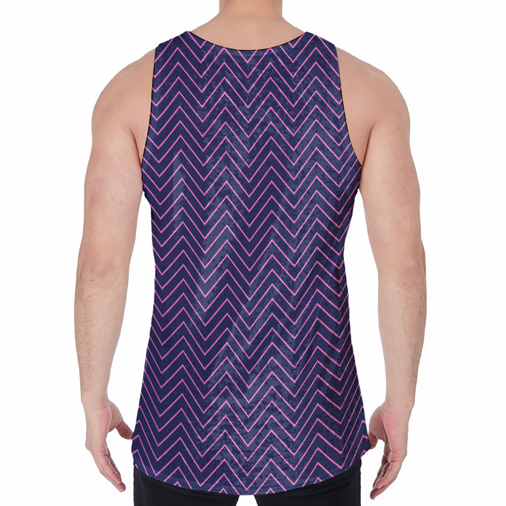 Navy And Pink Zigzag Pattern Print Men's Velvet Tank Top