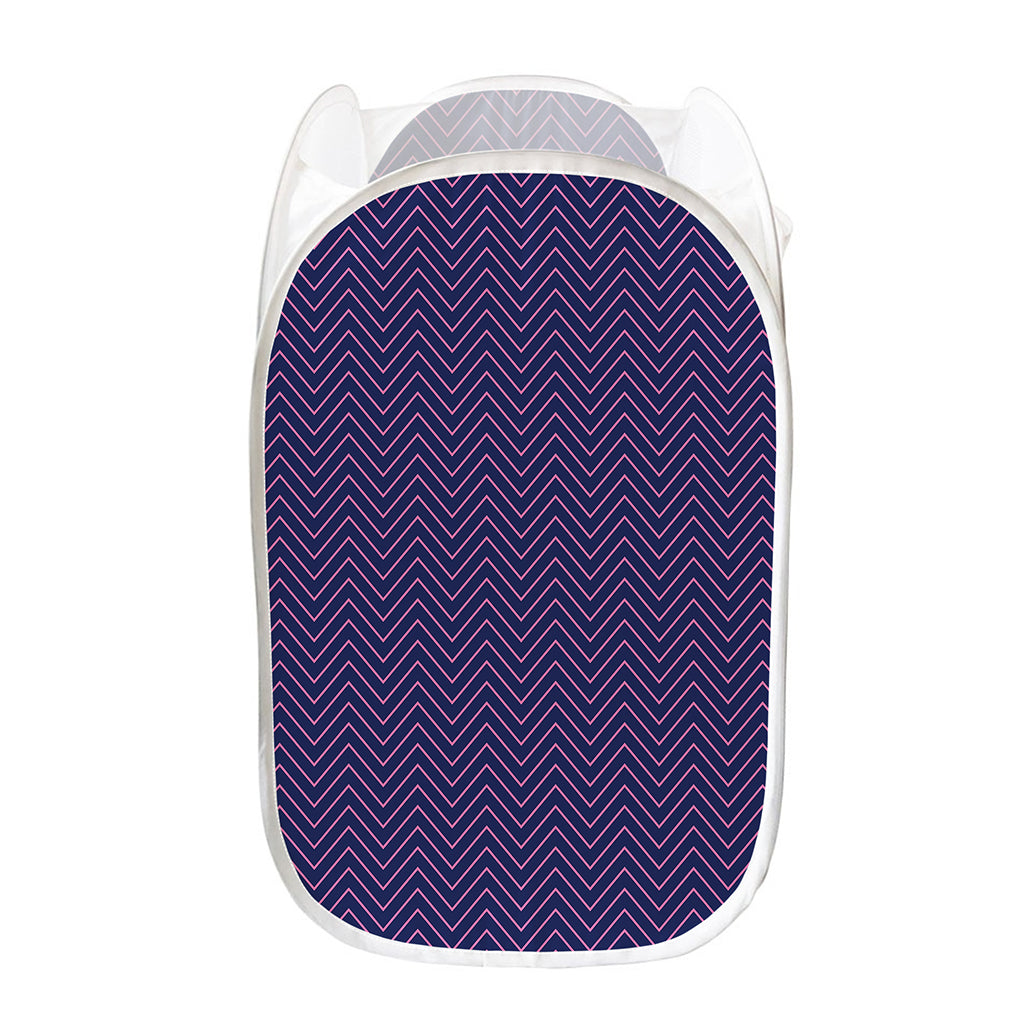 Navy And Pink Zigzag Pattern Print Mesh Laundry Hamper