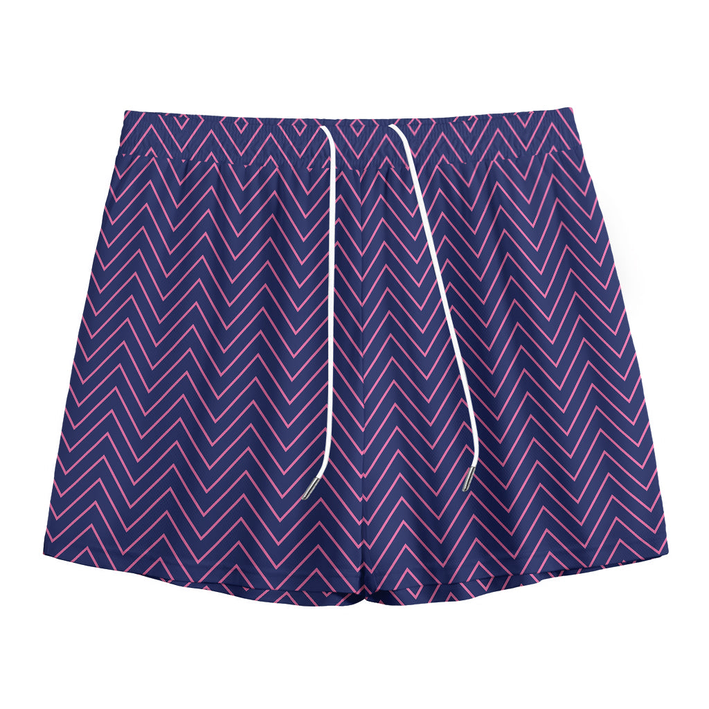 Navy And Pink Zigzag Pattern Print Mesh Shorts