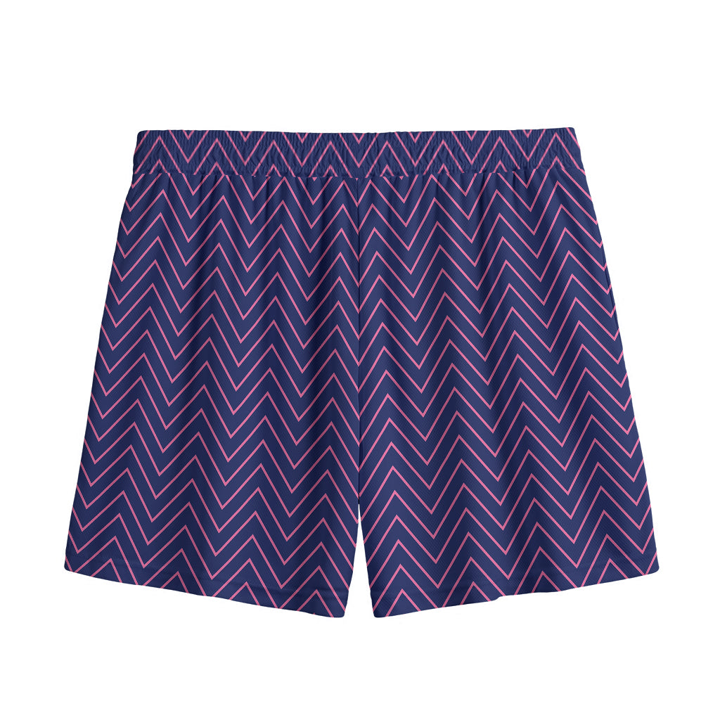 Navy And Pink Zigzag Pattern Print Mesh Shorts