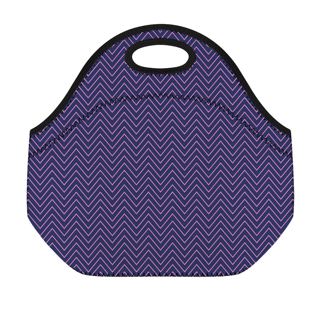 Navy And Pink Zigzag Pattern Print Neoprene Lunch Bag
