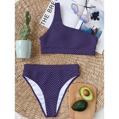 Navy And Pink Zigzag Pattern Print One Shoulder Bikini Top