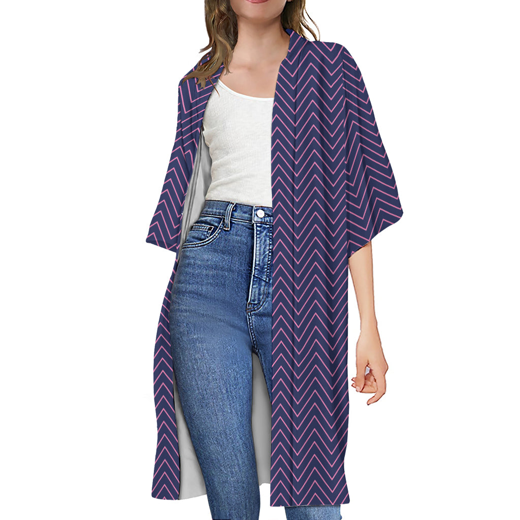 Navy And Pink Zigzag Pattern Print Open Front Beach Cover Up