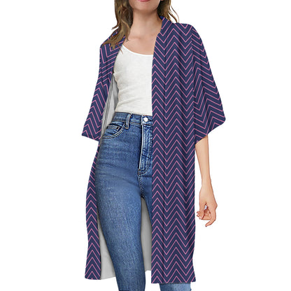 Navy And Pink Zigzag Pattern Print Open Front Beach Cover Up