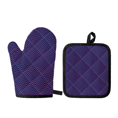 Navy And Pink Zigzag Pattern Print Oven Mitt And Pot Holder Set