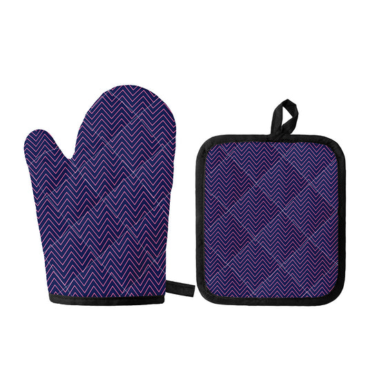 Navy And Pink Zigzag Pattern Print Oven Mitt And Pot Holder Set