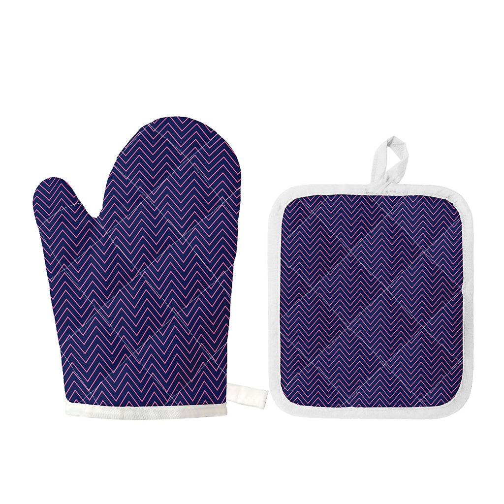 Navy And Pink Zigzag Pattern Print Oven Mitt And Pot Holder Set
