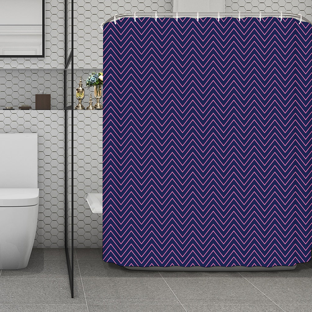 Navy And Pink Zigzag Pattern Print Polyester Shower Curtain