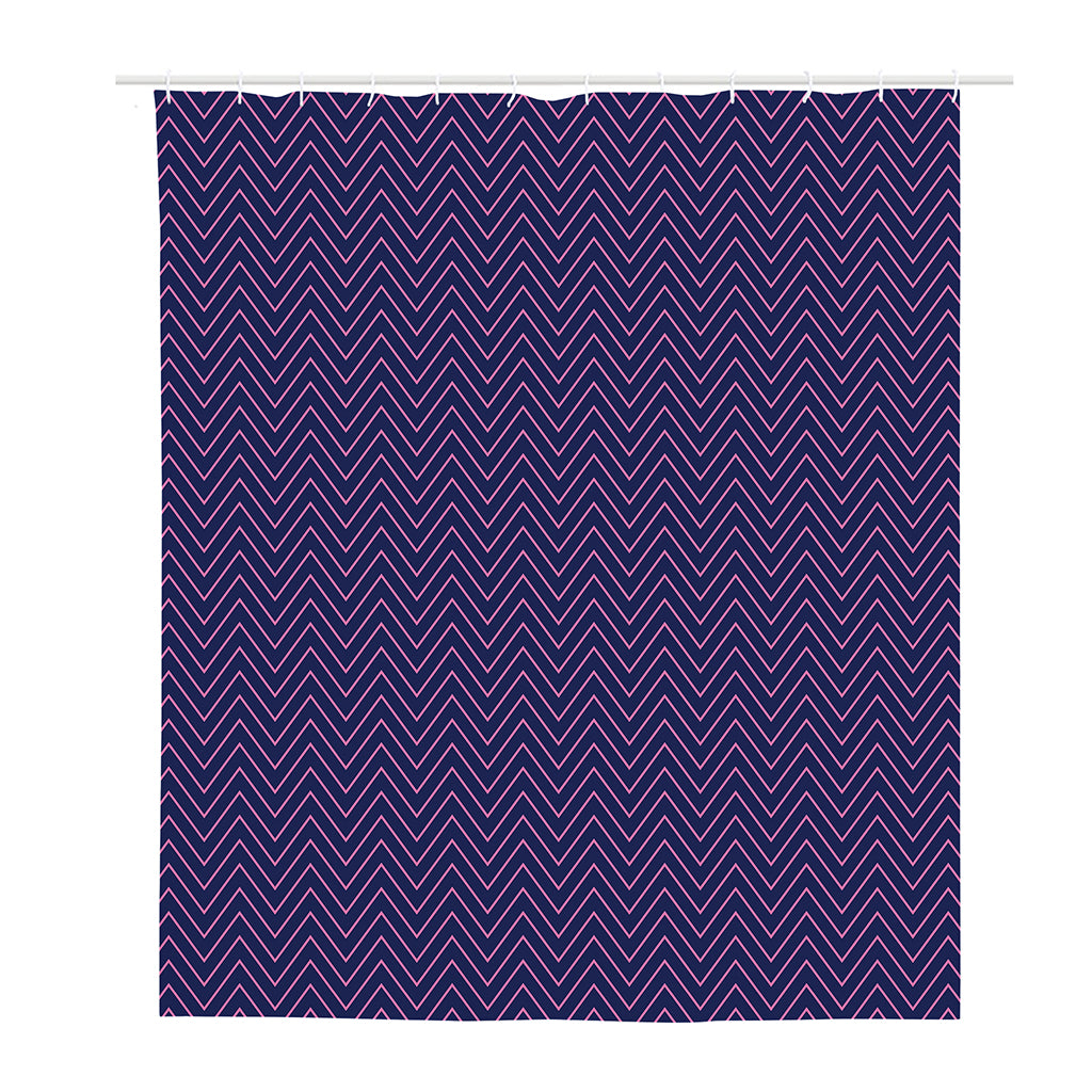 Navy And Pink Zigzag Pattern Print Polyester Shower Curtain
