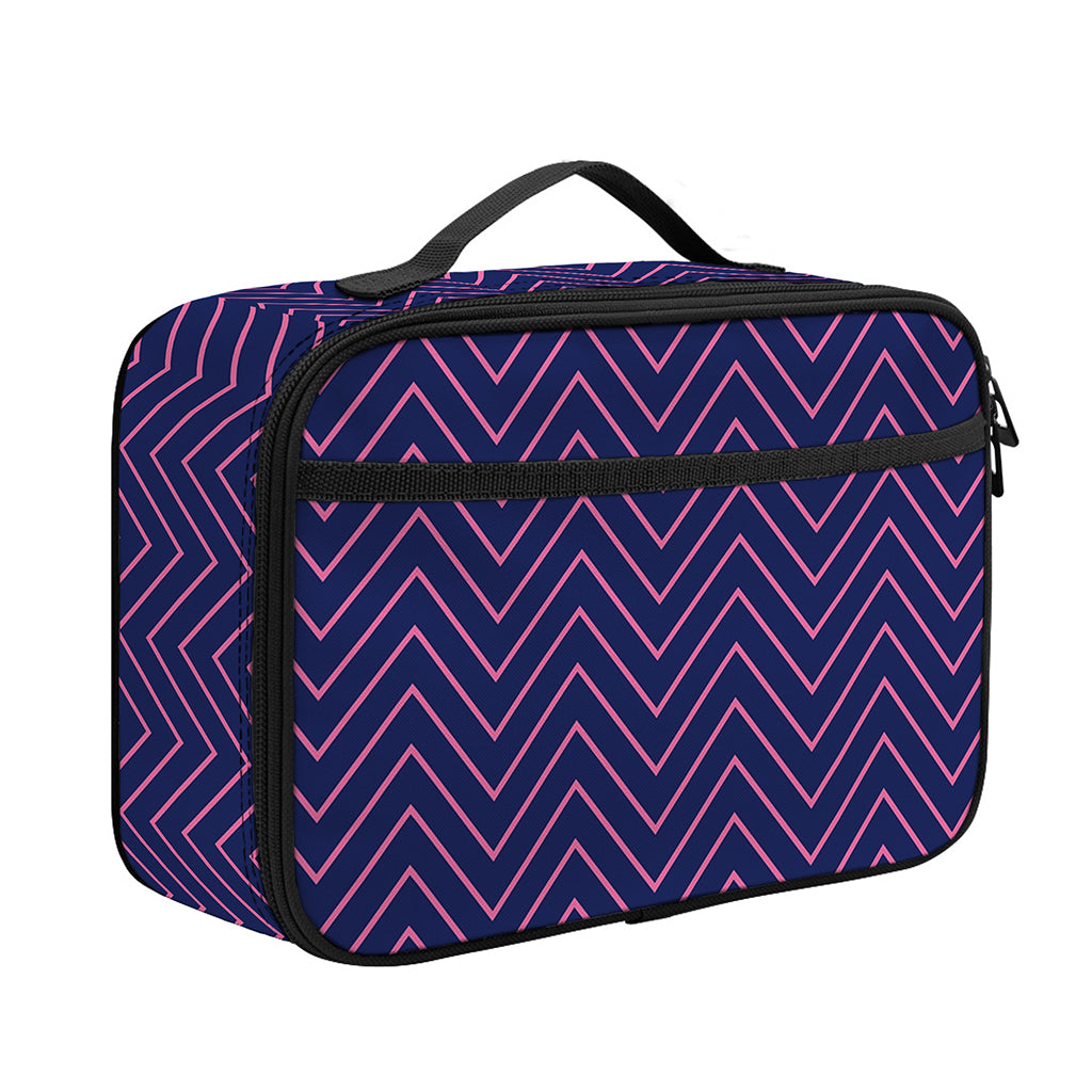 Navy And Pink Zigzag Pattern Print Portable Lunch Bag
