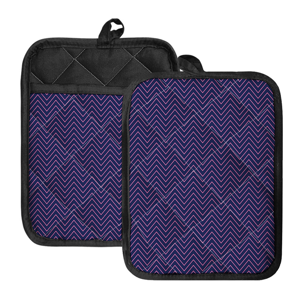 Navy And Pink Zigzag Pattern Print Pot Holders With Pocket