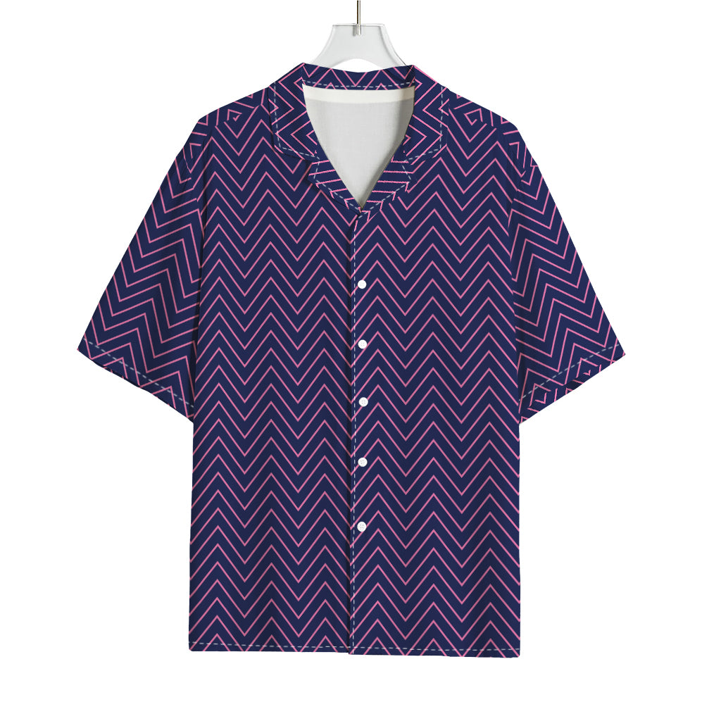 Navy And Pink Zigzag Pattern Print Rayon Hawaiian Shirt