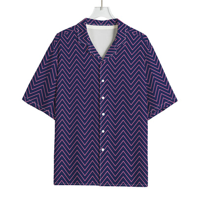 Navy And Pink Zigzag Pattern Print Rayon Hawaiian Shirt