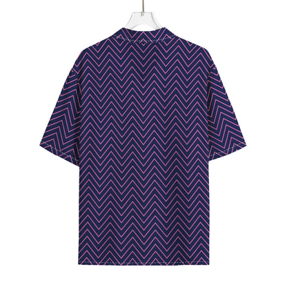 Navy And Pink Zigzag Pattern Print Rayon Hawaiian Shirt