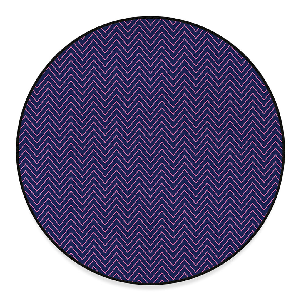 Navy And Pink Zigzag Pattern Print Round Floor Mat