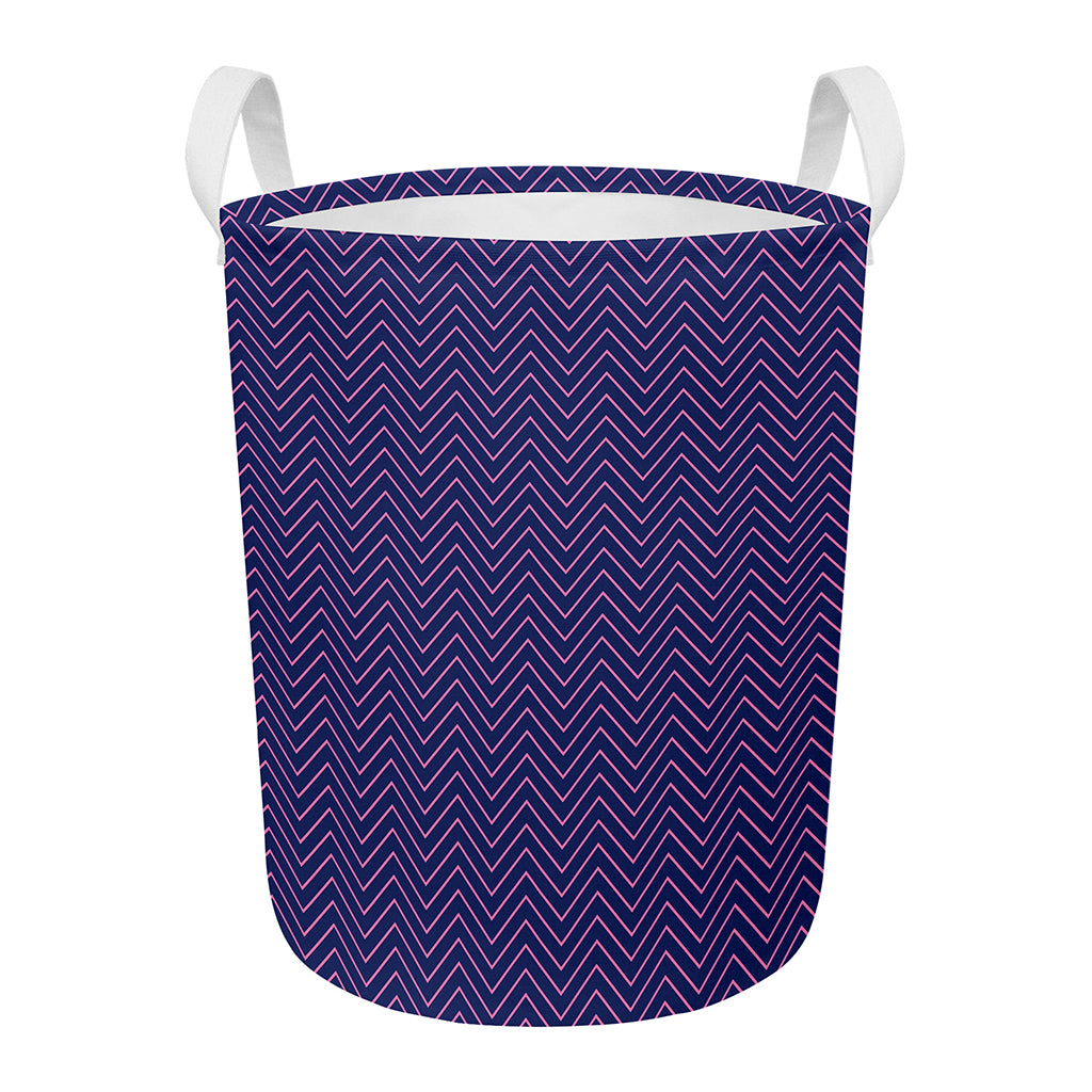 Navy And Pink Zigzag Pattern Print Round Laundry Basket