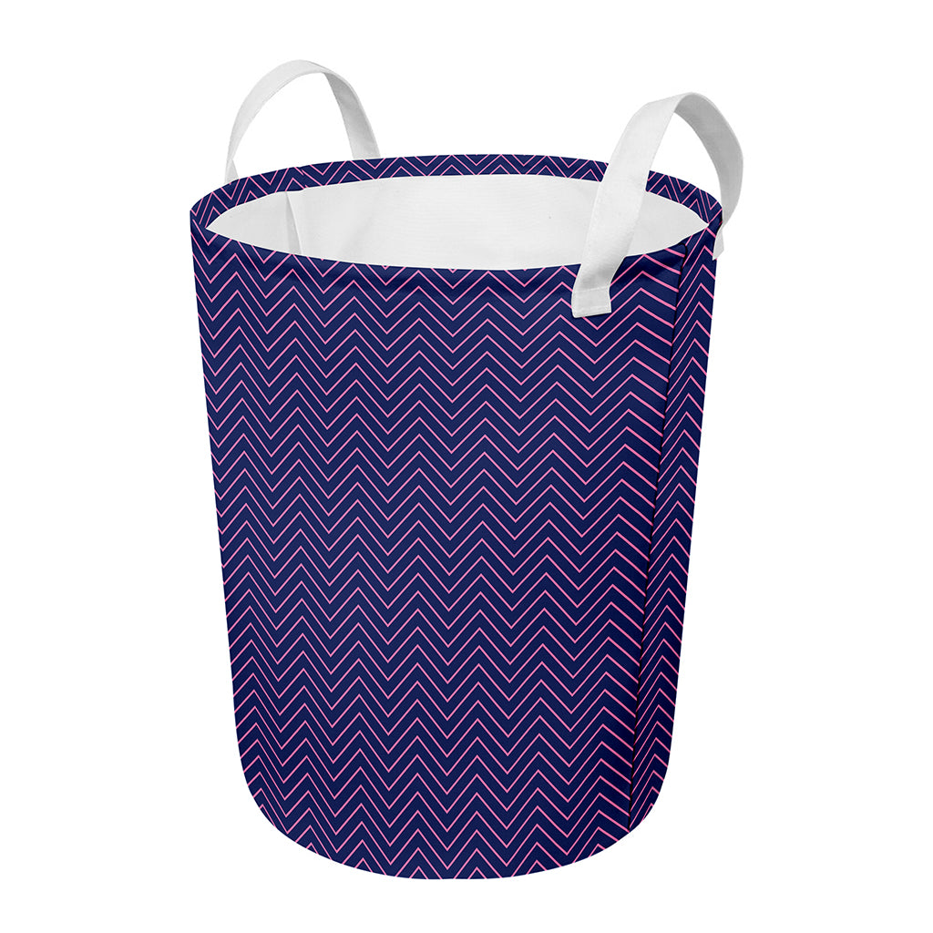 Navy And Pink Zigzag Pattern Print Round Laundry Basket