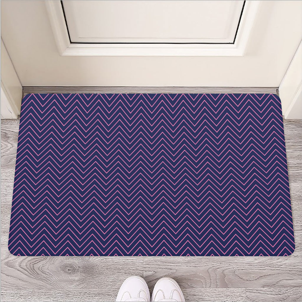 Navy And Pink Zigzag Pattern Print Rubber Doormat