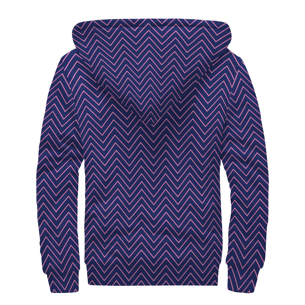 Navy And Pink Zigzag Pattern Print Sherpa Lined Zip Up Hoodie