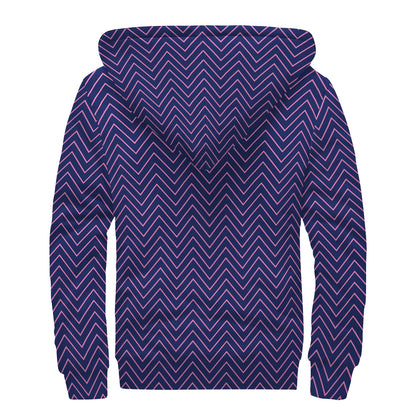 Navy And Pink Zigzag Pattern Print Sherpa Lined Zip Up Hoodie