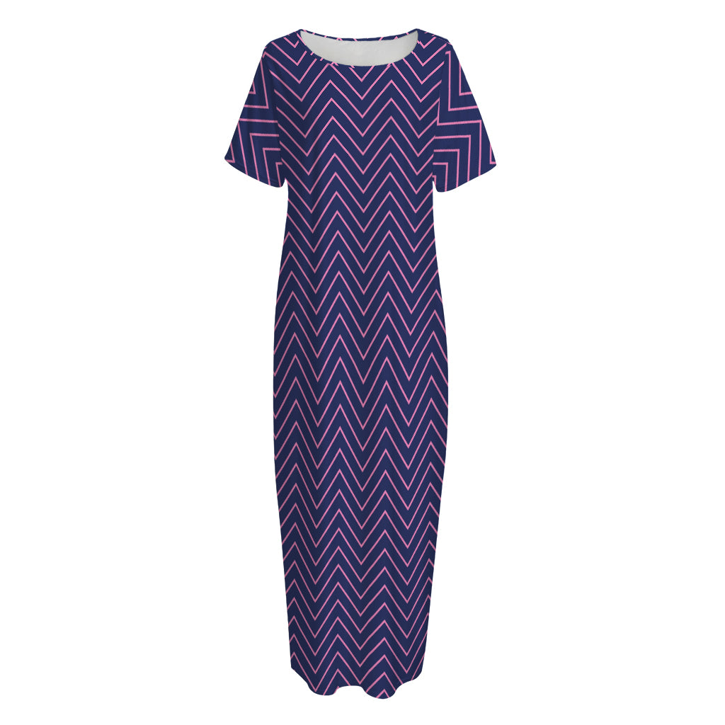 Navy And Pink Zigzag Pattern Print Short Sleeve Long Nightdress