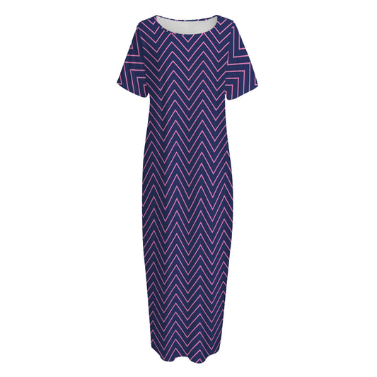 Navy And Pink Zigzag Pattern Print Short Sleeve Long Nightdress